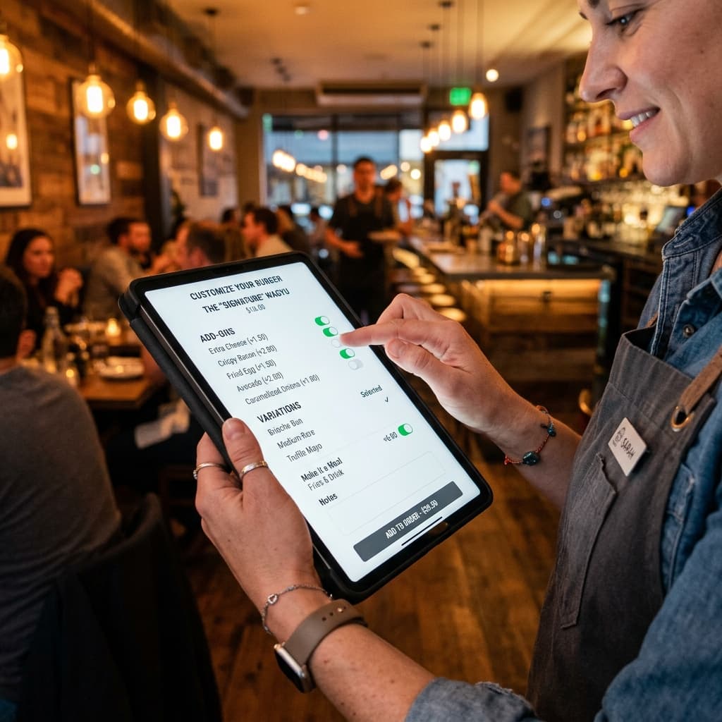 Complex Menu Item Configuration showing pizza crust choices and toppings
