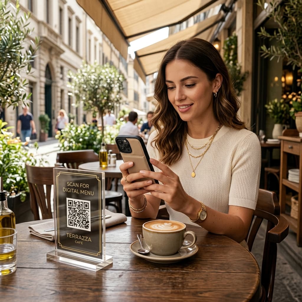 Guest scanning QR code at luxury cafe table