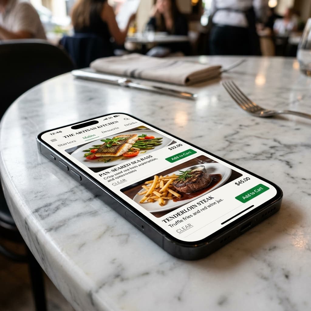 Smartphone displaying luxury digital restaurant menu with high quality food images