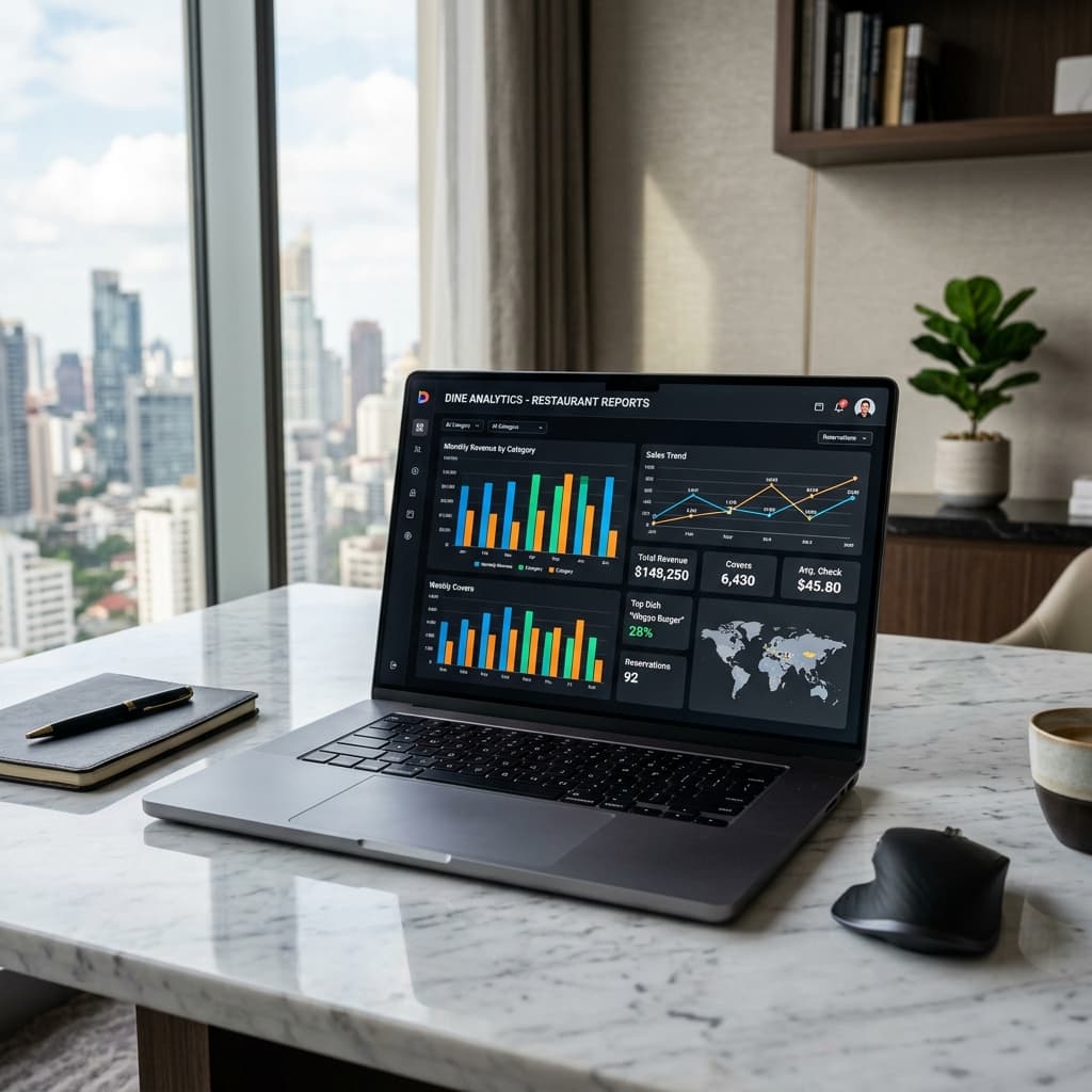 Restaurant Data Analytics Dashboard on Laptop showing revenue charts