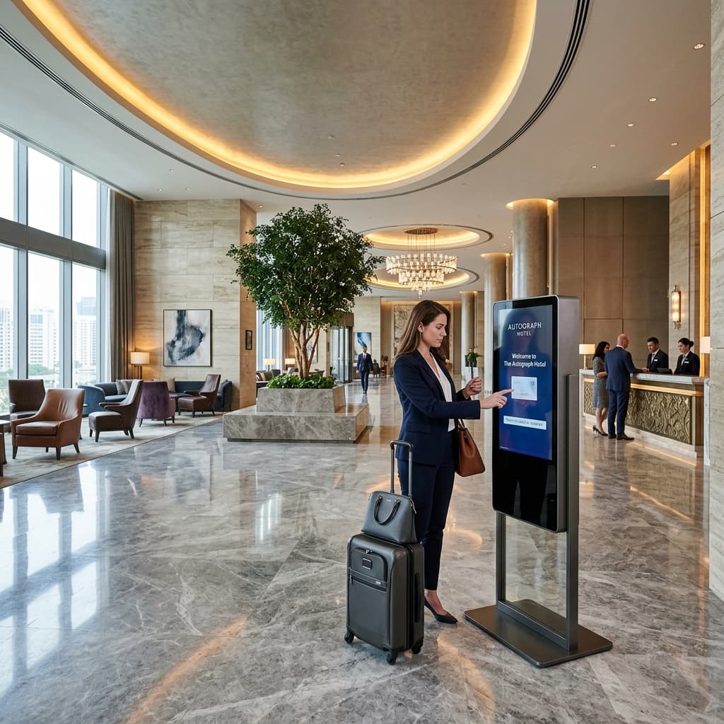 Guest using self-service check-in kiosk in luxury hotel lobby