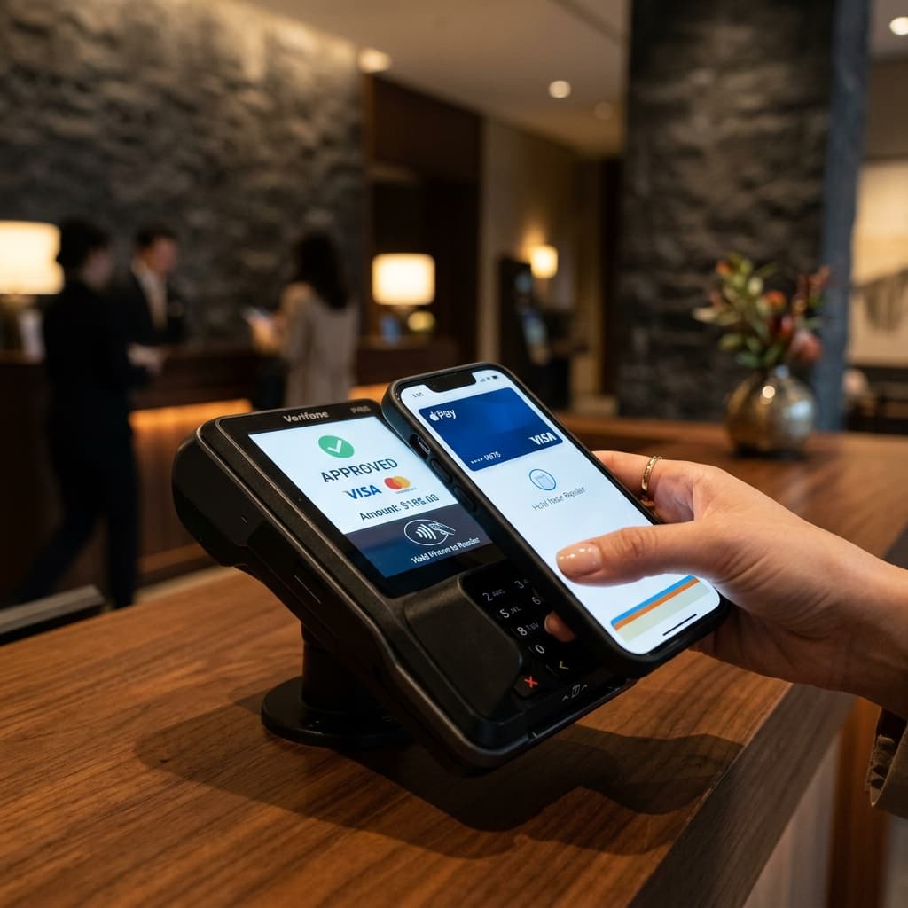 Guest paying restaurant bill contactlessly using smartphone