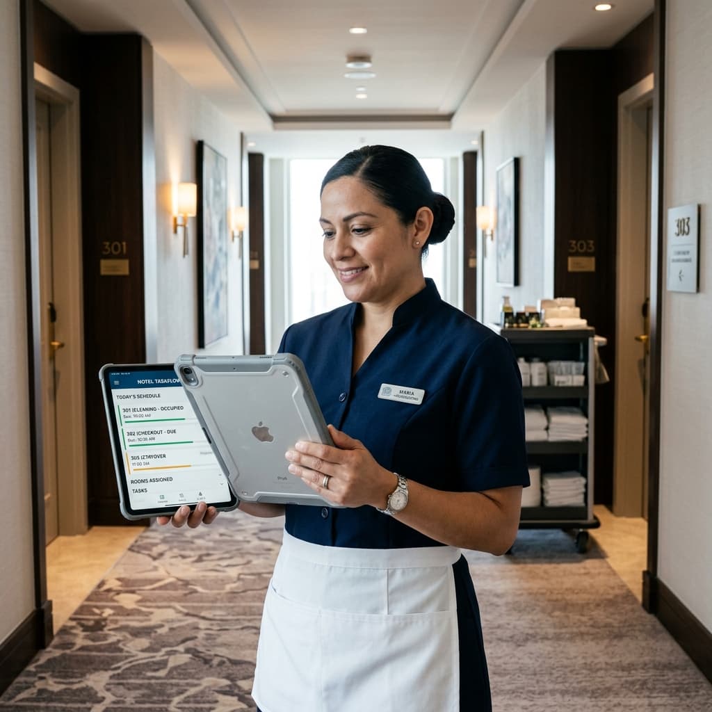 Housekeeping App interface on mobile tablet showing cleaning checklists