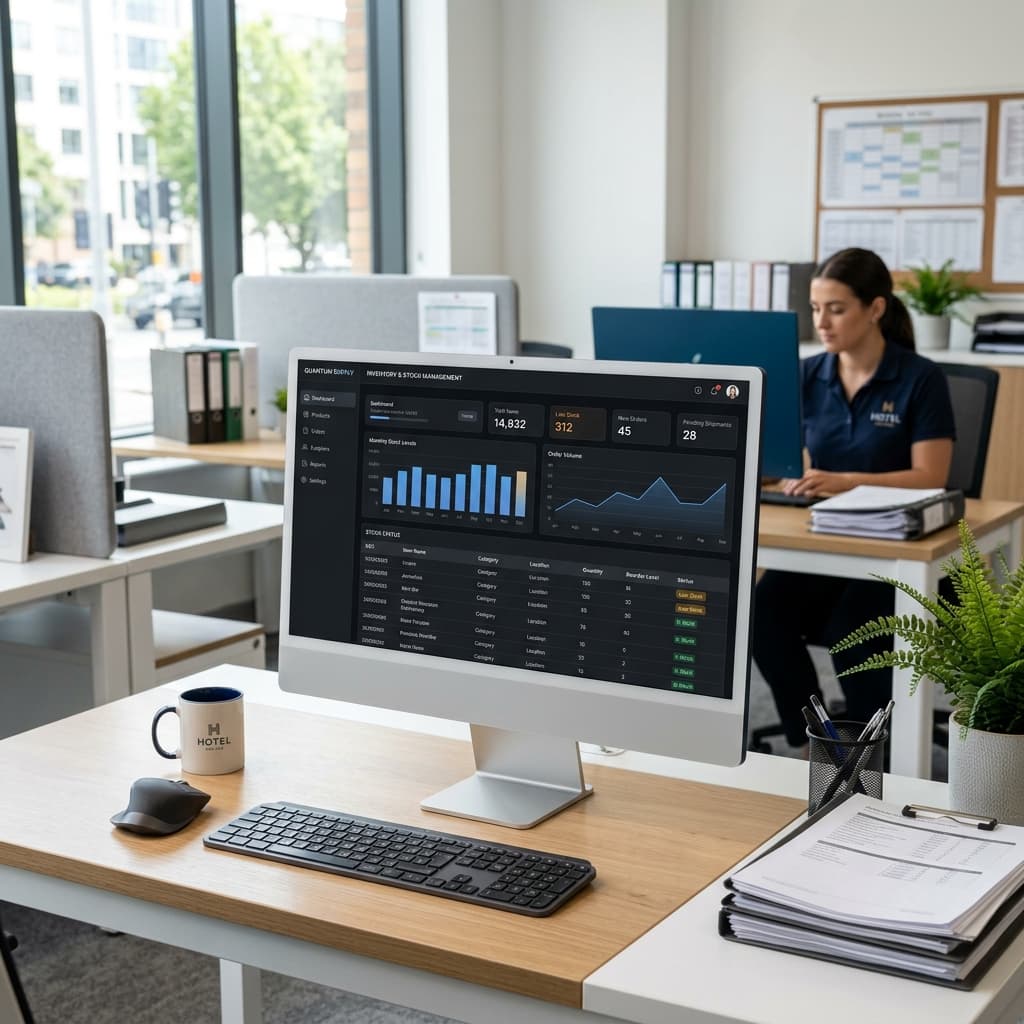 Inventory SaaS Dashboard on iMac tracking low stock alerts