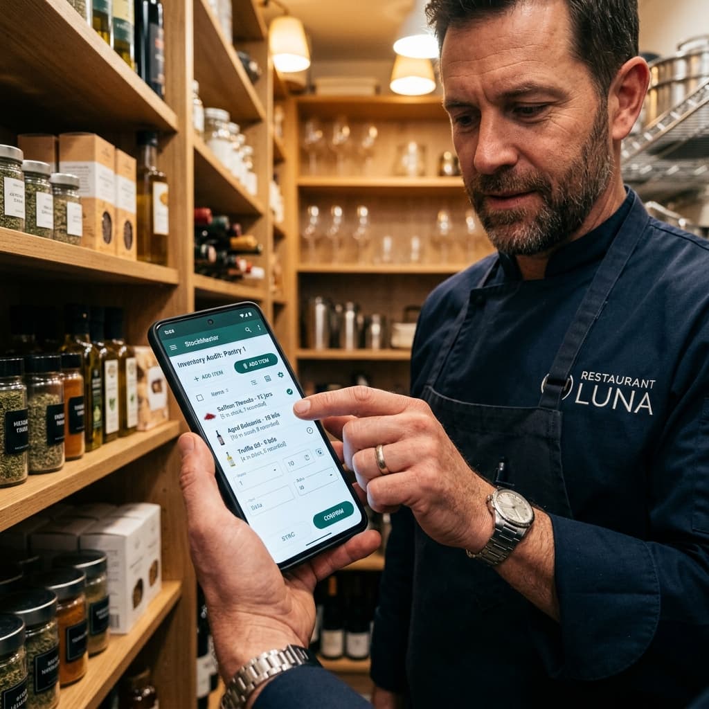 Chef using Mobile Inventory Stock App to audit supplies
