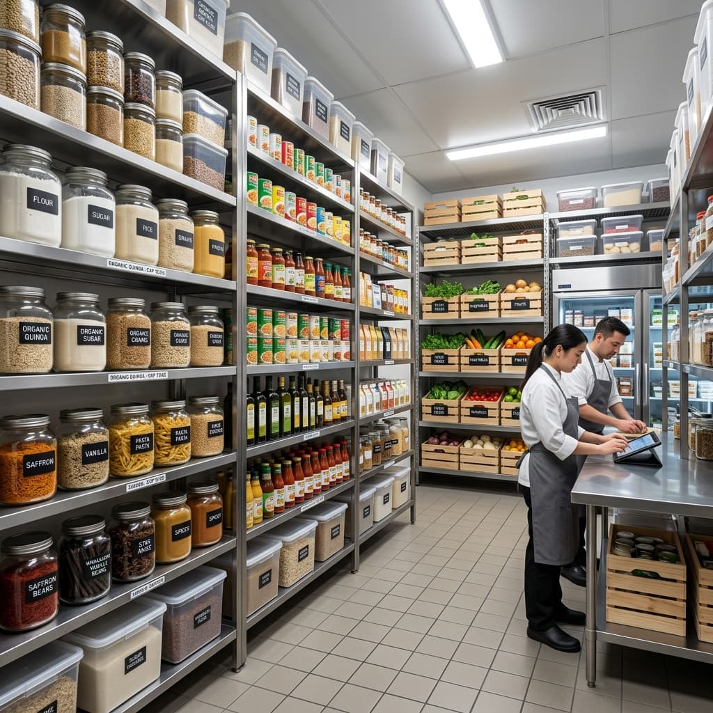 Pristine Hotel Kitchen Stock Room with organized ingredients
