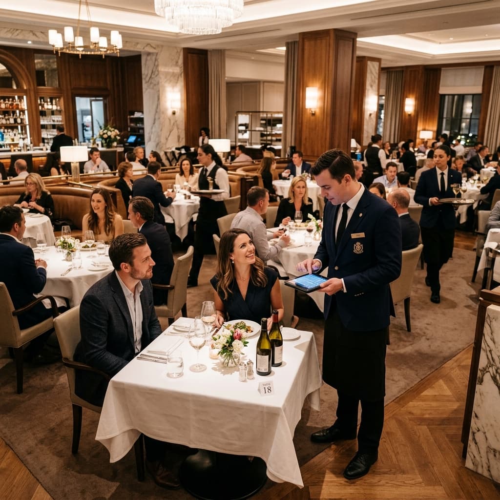Waiter using Captain App on tablet to take orders table-side